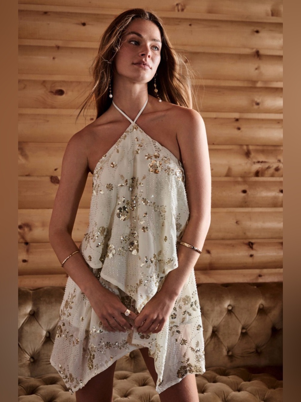Altar'd State Ivory Halter Sequin Floral Handkerchief Dress